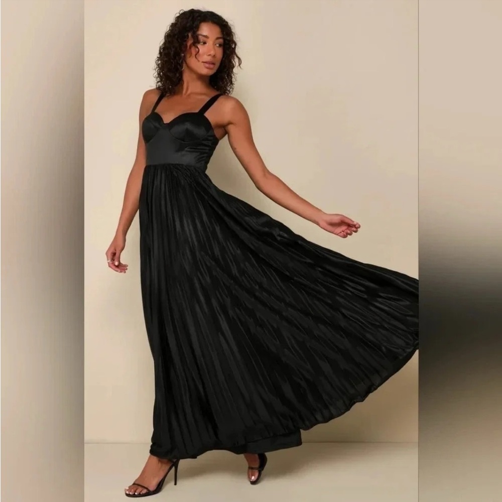 Lulu's Black Satin & Pleated Maxi Dress